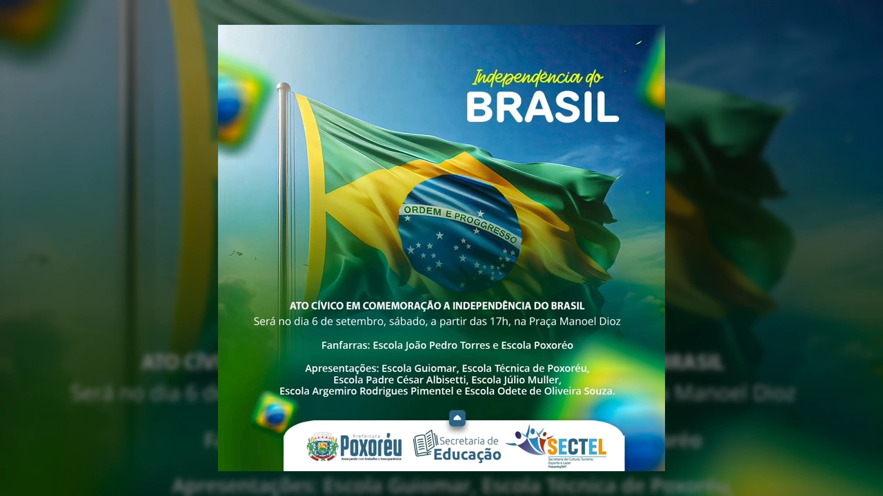 Imagem da bandeira do Brasil tremulando, simbolizando a Independência, em Poxoréu. Crédito: Prefeitura de Poxoréu / Instagram