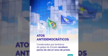 Bandeiras do Mercosul, Brasil e Ministério Público Federal tremulando em frente a um edifício moderno, ilustrando o tema das condenações por atos antidemocráticos. Créditos: Ministério Público Federal / Instagram