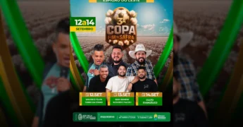 Imagem promocional da 3ª Copa Fim de Safra, destacando uma bola de futebol com detalhes de algodão, shows musicais e os dias do evento. Créditos: Prefeitura de São Félix do Araguaia / Instagram