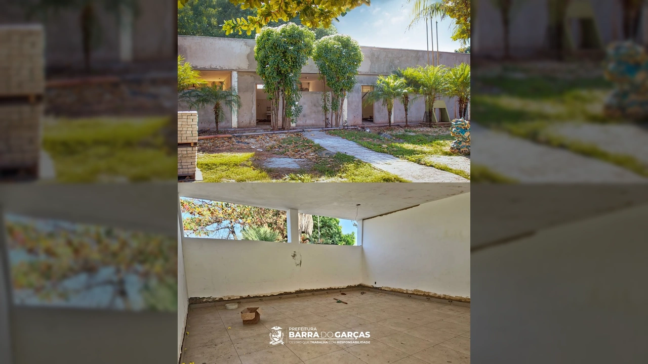 Imagens da reforma interna e externa do Centro Social Urbano de Barra do Garças, com operários trabalhando. Crédito: Prefeitura de Barra do Garças no Instagram.