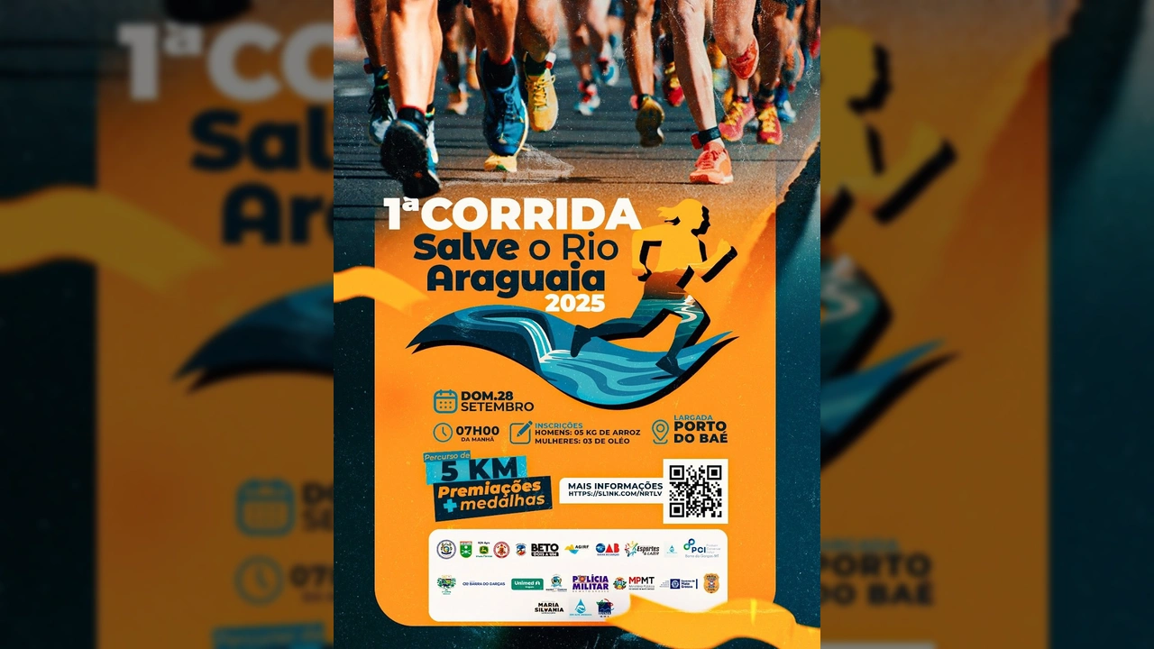 Banner com detalhes da corrida e descida de caiaque do projeto 'Salve o Rio Araguaia 2025' em Barra do Garças. Créditos: Prefeitura de Barra do Garças / Instagram