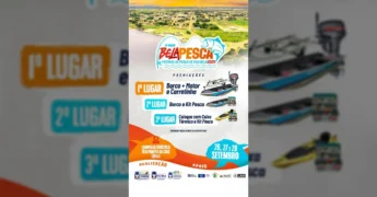 Cartaz anunciando o 15º BELAPESCA com premiações de barco, motor, carretinha e caiaque, organizado pela Secretaria Municipal de Turismo de Vila Bela da Ss Trindade.