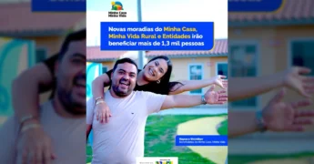 Nayara e Welmilton, um casal sorridente em frente à sua nova casa do programa Minha Casa, Minha Vida, simbolizando os benefícios das novas moradias autorizadas pelo Ministério das Cidades.
