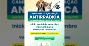 Imagem de um cachorro beagle e um gato tabby ao lado de uma seringa e uma pata, simbolizando a campanha de vacinação antirrábica. Crédito: Prefeitura Municipal de Santa Rita do Trivelato / Instagram