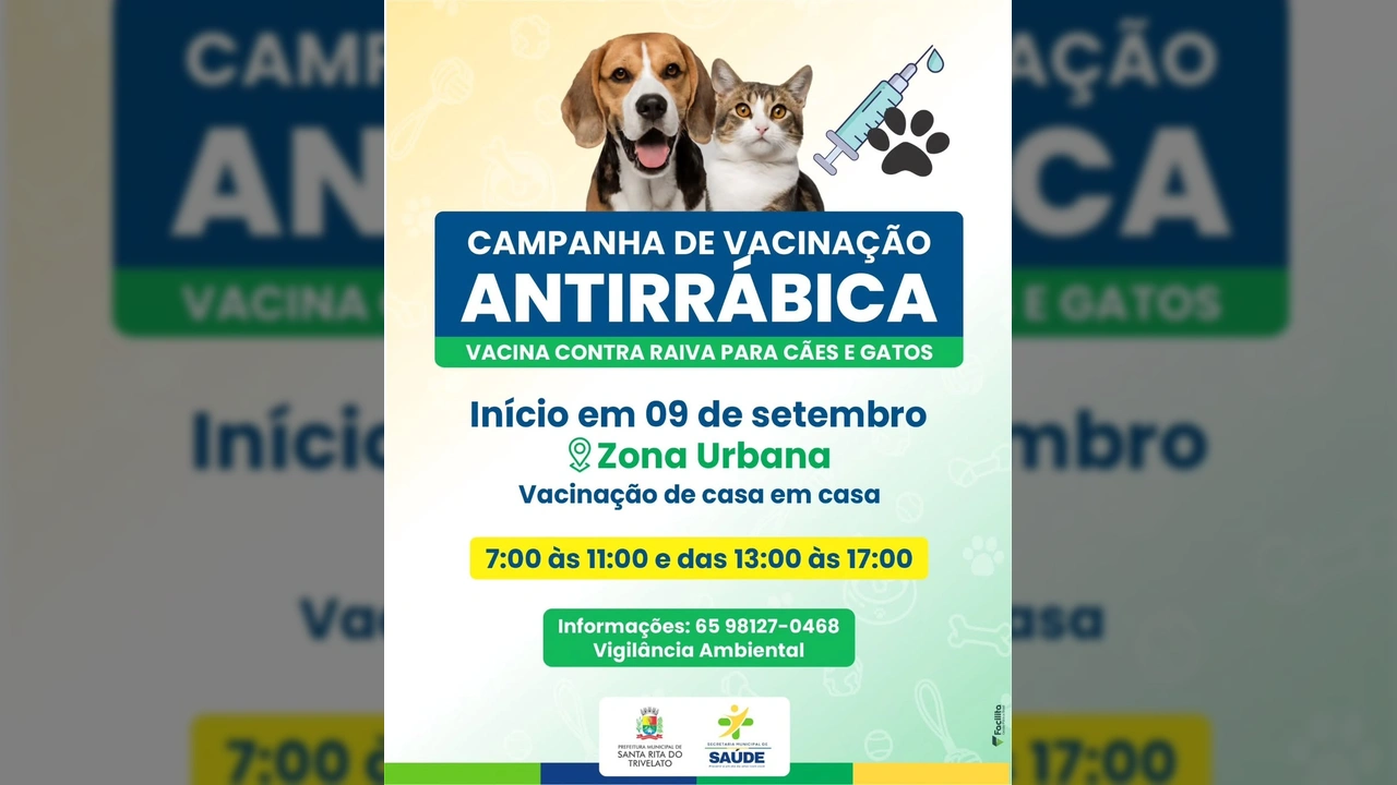 Imagem de um cachorro beagle e um gato tabby ao lado de uma seringa e uma pata, simbolizando a campanha de vacinação antirrábica. Crédito: Prefeitura Municipal de Santa Rita do Trivelato / Instagram