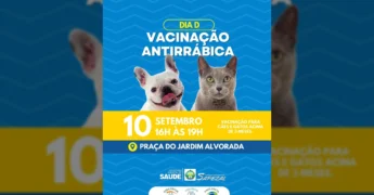 Imagem de um cão e um gato sorrindo, promovendo a vacinação antirrábica em Sapezal. Créditos: Prefeitura de Sapezal / Instagram