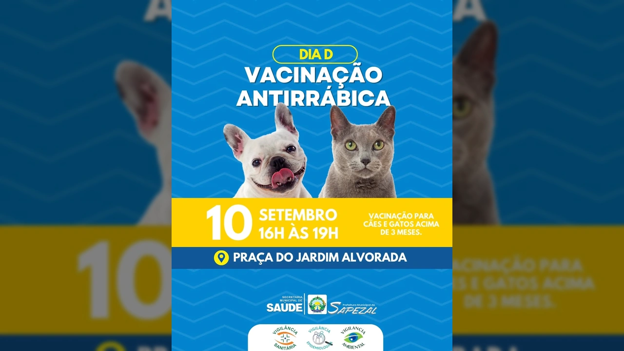 Imagem de um cão e um gato sorrindo, promovendo a vacinação antirrábica em Sapezal. Créditos: Prefeitura de Sapezal / Instagram
