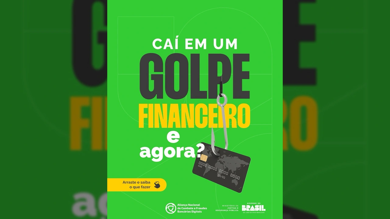 Cartão de crédito em um anzol, ilustrando a armadilha de um golpe financeiro, com o logotipo do Ministério da Justiça e Segurança Pública.
