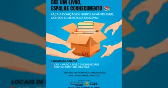 Ilustração de uma caixa de papelão cheia de livros com mãos doando e recebendo, para a campanha "Doe um livro, espalhe conhecimento" em Juara.