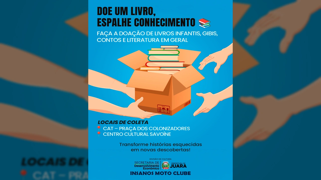 Ilustração de uma caixa de papelão cheia de livros com mãos doando e recebendo, para a campanha "Doe um livro, espalhe conhecimento" em Juara.