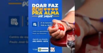 Pessoa doando sangue em campanha organizada pela Prefeitura de Canarana - MT, com foco na solidariedade.
