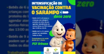 Bebê e personagem da vacina em imagem da campanha de vacinação contra o sarampo Dose Zero em Santa Rita do Trivelato, com créditos à Prefeitura de Santa Rita do Trivelato / Instagram.