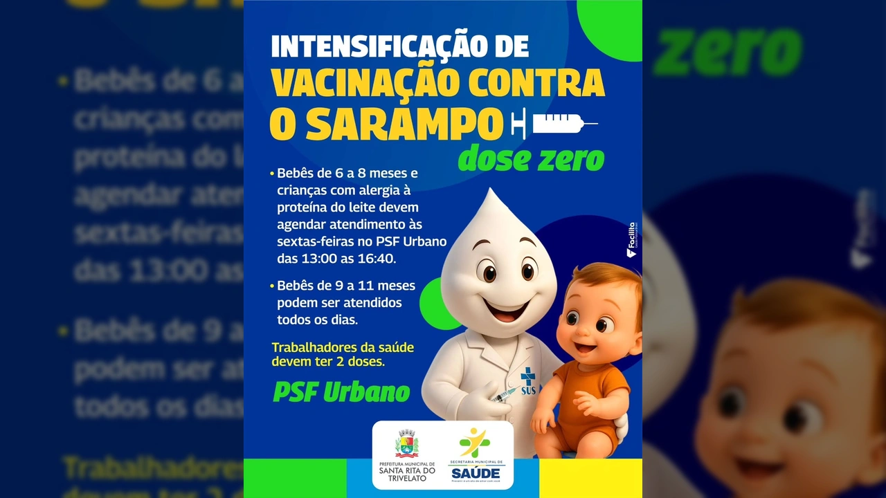 Bebê e personagem da vacina em imagem da campanha de vacinação contra o sarampo Dose Zero em Santa Rita do Trivelato, com créditos à Prefeitura de Santa Rita do Trivelato / Instagram.