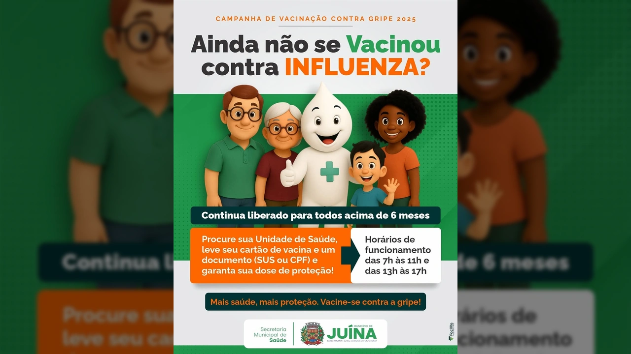Imagem da campanha de vacinação da Prefeitura de Juína, com personagens animados de um pai, avó, criança e uma jovem ao lado de um mascote em forma de gota, promovendo a vacinação contra a influenza 2025.