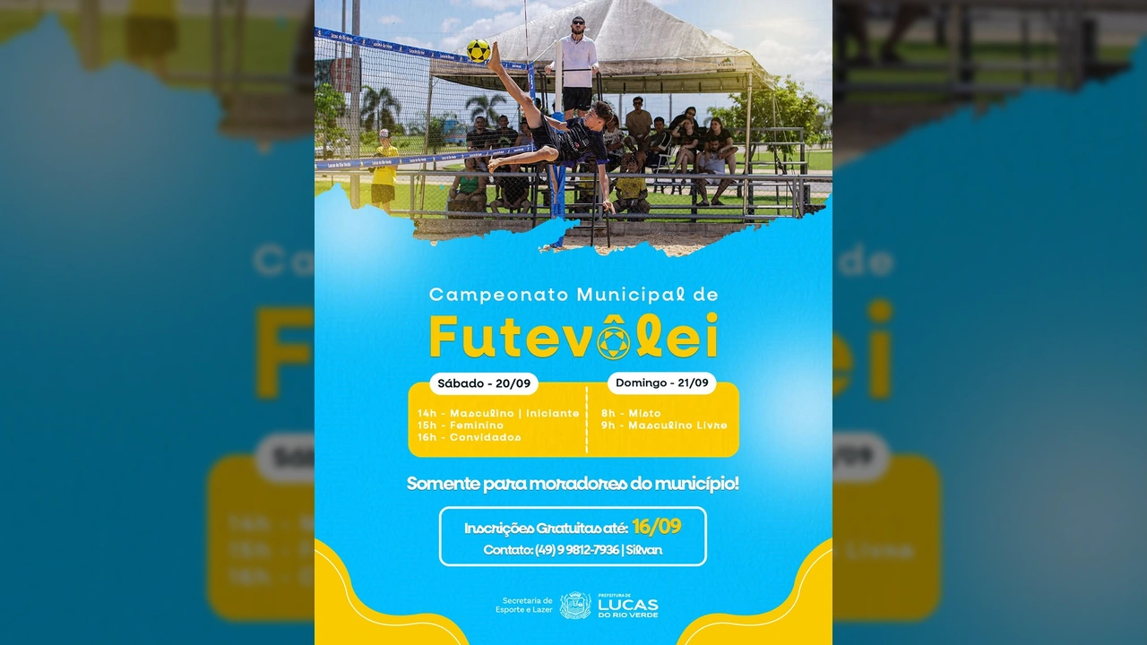Imagem de jogador de futevôlei em quadra de areia com bola, durante o Campeonato Municipal de Lucas do Rio Verde. Crédito: Instagram @vivalucasesportelazer