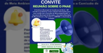 Banner de convite para reunião sobre o PNAE e agricultura familiar em Canabrava do Norte, com ilustração de sino de notificação e megafone. Créditos: prefeituradecanabravadonorte / Instagram.