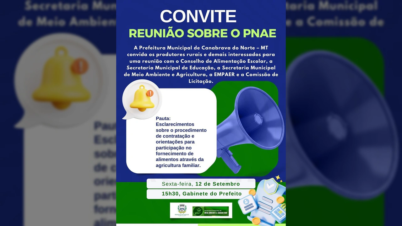 Banner de convite para reunião sobre o PNAE e agricultura familiar em Canabrava do Norte, com ilustração de sino de notificação e megafone. Créditos: prefeituradecanabravadonorte / Instagram.