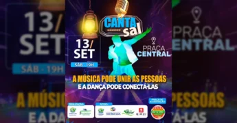 Imagem promocional do CantaSal 2025, com um microfone dourado, silhueta de cantor e o logo do evento, por Pref. Santo Antônio do Leste / Instagram