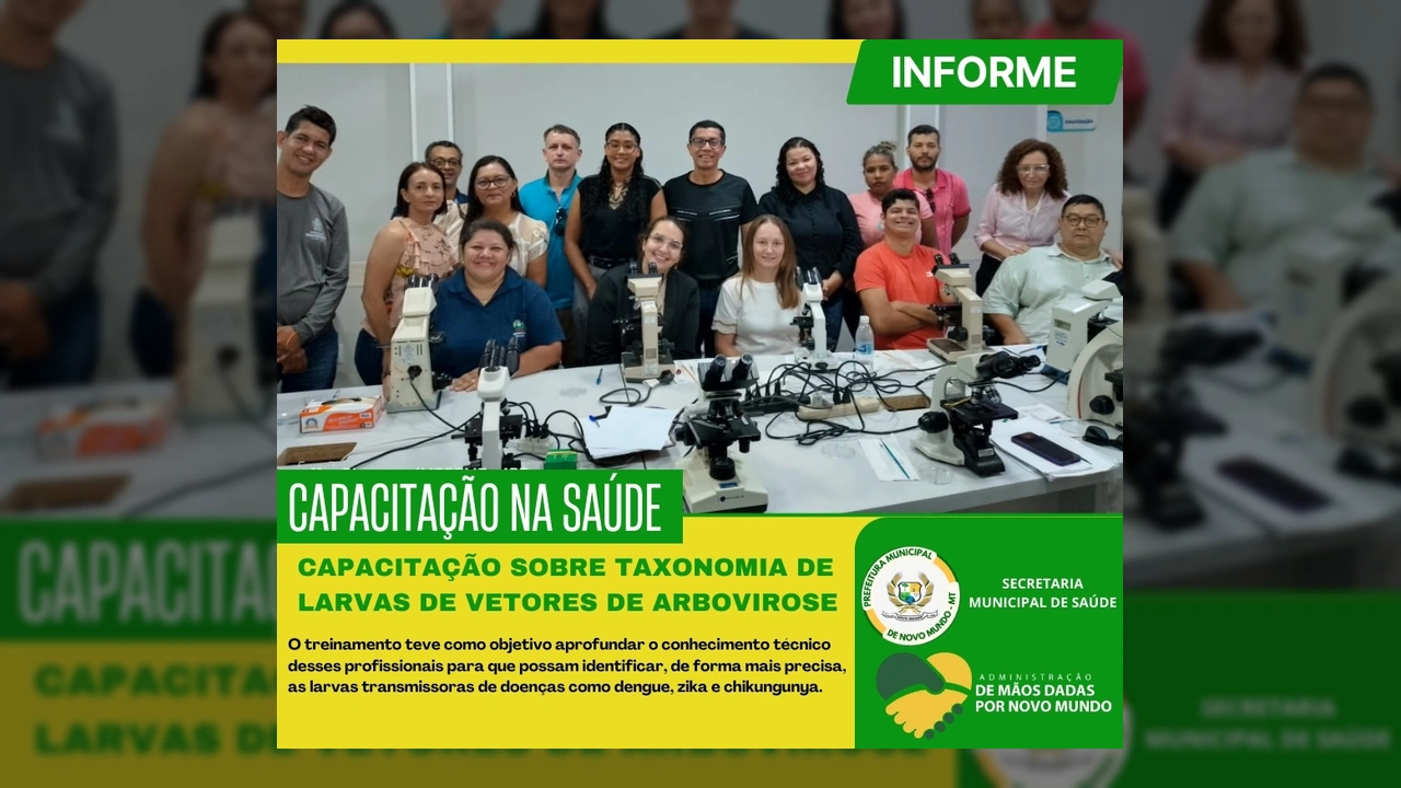 Agentes de saúde de Novo Mundo em treinamento para identificação de larvas de vetores de arboviroses. Crédito: prefeituranovomundomt / Instagram