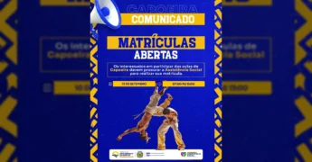 Imagem da Prefeitura de Novo Horizonte do Norte - MT divulgando matrículas para aulas de Capoeira pela Assistência Social.