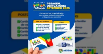 Imagem ilustrativa do cartão Bolsa Família com detalhes sobre a pesagem obrigatória em Canarana, Mato Grosso. Créditos: Prefeitura de Canarana - MT / Instagram