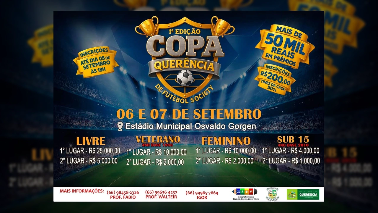 Imagem promocional da Copa Querência de Futebol Society com troféus, bola e informações de premiação e datas. Crédito: prefeituradequerencia