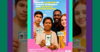 Imagem mostrando pessoas sorrindo e segurando a nova Carteira de Identidade Nacional, destacando a versão física e a digital em um smartphone. Créditos: Digital gov.br / Instagram