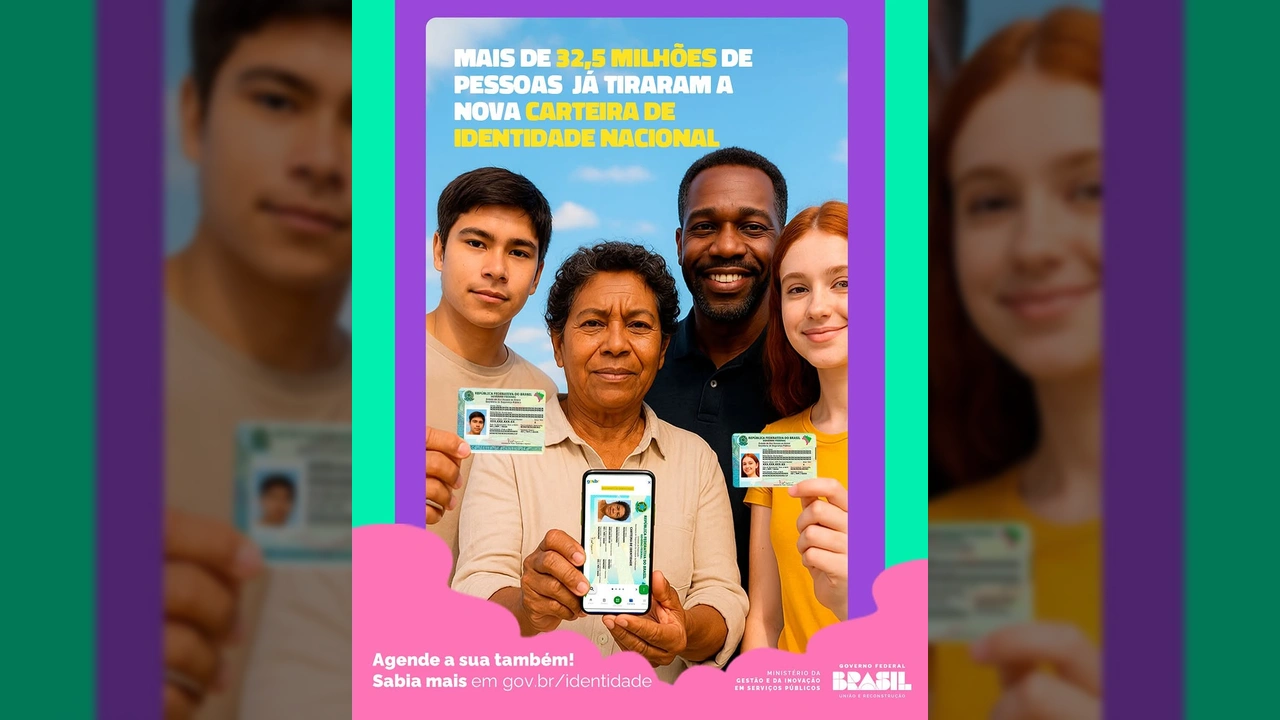 Imagem mostrando pessoas sorrindo e segurando a nova Carteira de Identidade Nacional, destacando a versão física e a digital em um smartphone. Créditos: Digital gov.br / Instagram