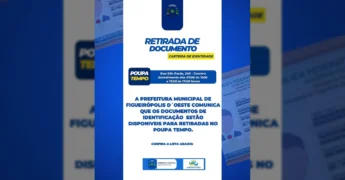 Imagem de um cartão de identidade com o logotipo da Prefeitura de Figueirópolis D'Oeste, indicando retirada de documentos. Créditos: Instagram / prefeituradefigueiropolis