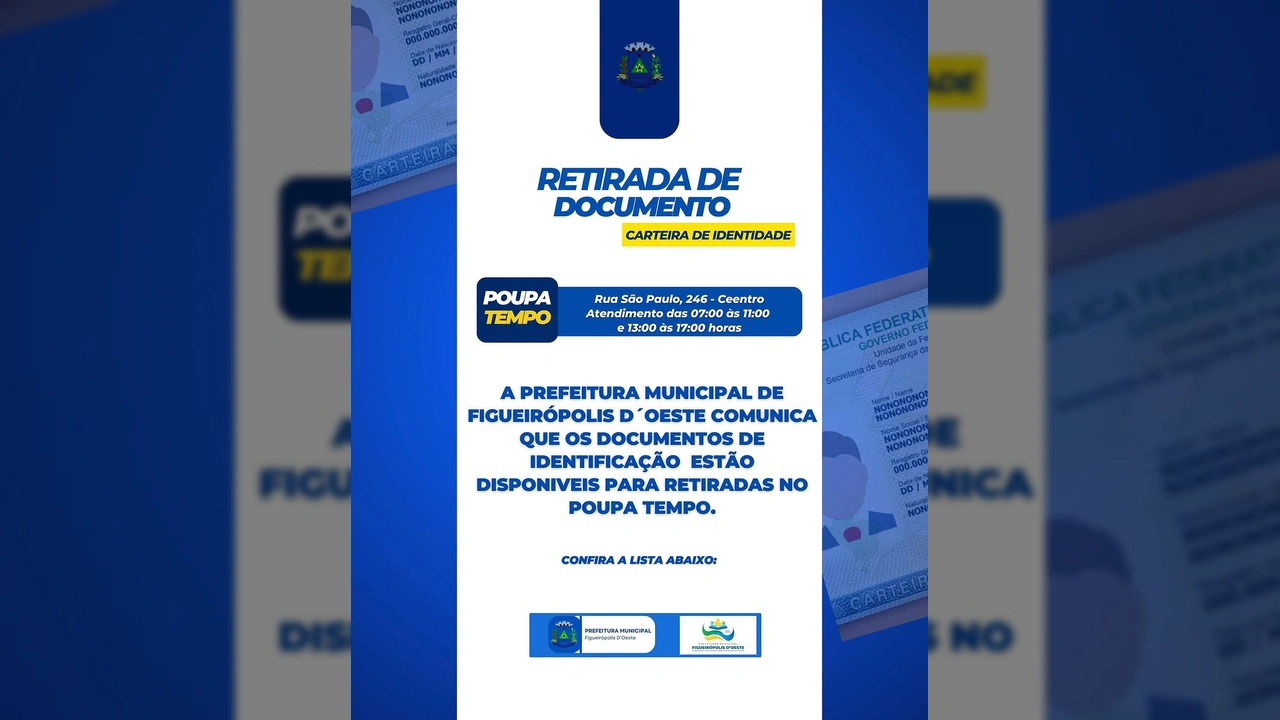 Imagem de um cartão de identidade com o logotipo da Prefeitura de Figueirópolis D'Oeste, indicando retirada de documentos. Créditos: Instagram / prefeituradefigueiropolis