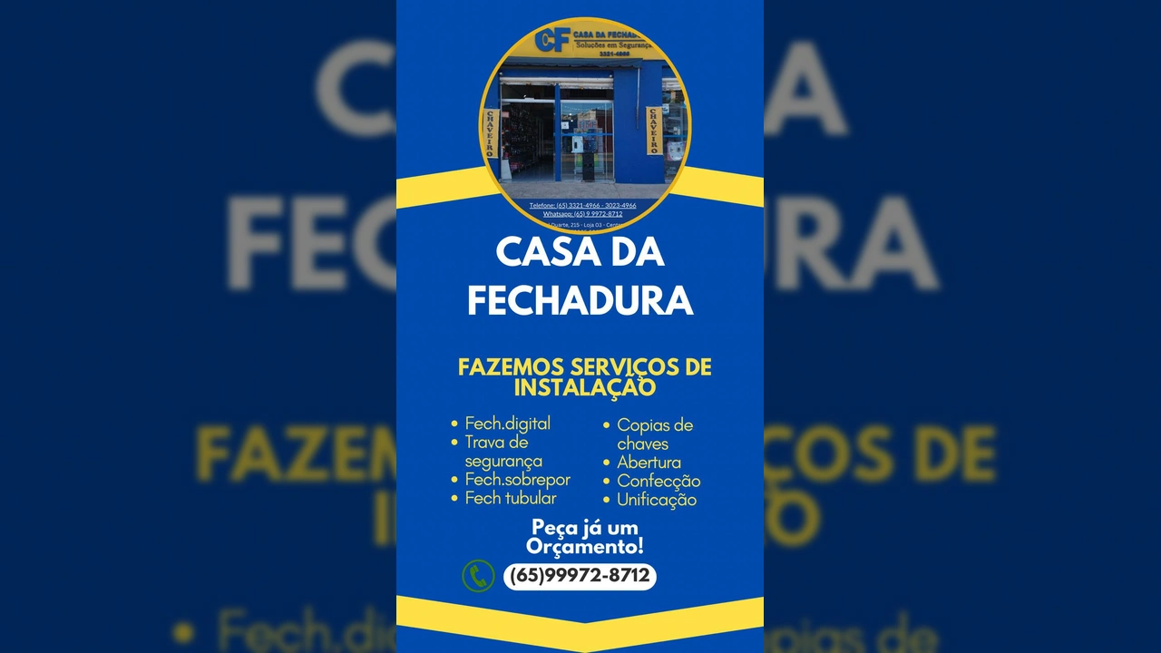 Fachada da Casa da Fechadura, com a marca CF e o slogan 'Soluções em Segurança', localizada no Centro de Cuiabá. Crédito: Instagram/fechadurac