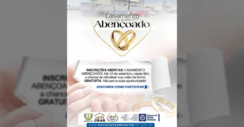 Casamento Abençoado gratuito em Nova Canaã do Norte. Arte com alianças douradas e informações sobre inscrições no CRAS, com crédito para Prefeitura de Nova Canaã do Norte / Instagram.