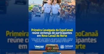 Imagens da Primeira Cavalgada da ExpoCanaã, mostrando centenas de participantes a cavalo e de mula em Nova Canaã do Norte, creditos: Vinícius Oliveira / Instagram