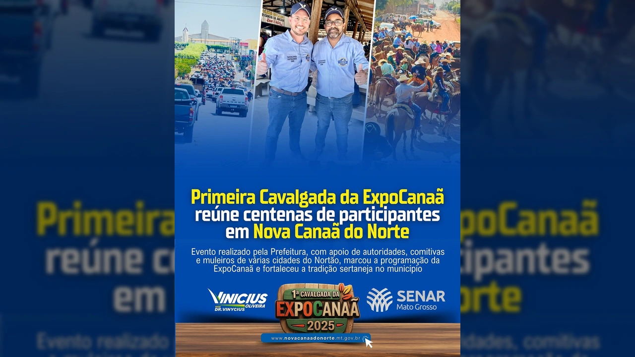 Imagens da Primeira Cavalgada da ExpoCanaã, mostrando centenas de participantes a cavalo e de mula em Nova Canaã do Norte, creditos: Vinícius Oliveira / Instagram