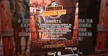 Participantes da Cavalgada Expovale 2025 em Vale de São Domingos, Mato Grosso. Crédito: expovale_vsd / Instagram.