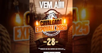 Cavalgada Expovale 2025 em Vale de São Domingos, Mato Grosso, com destaque para elementos de rodeio e tradição sertaneja. Crédito: expovale_vsd / Instagram.