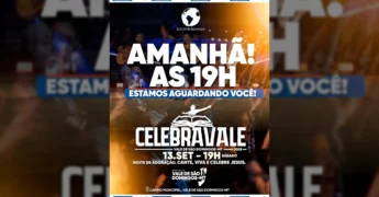 Foto de palco com banda Louvor Aliança tocando, celebrando o evento Celebra Vale 2025 em Vale de São Domingos, Mato Grosso.