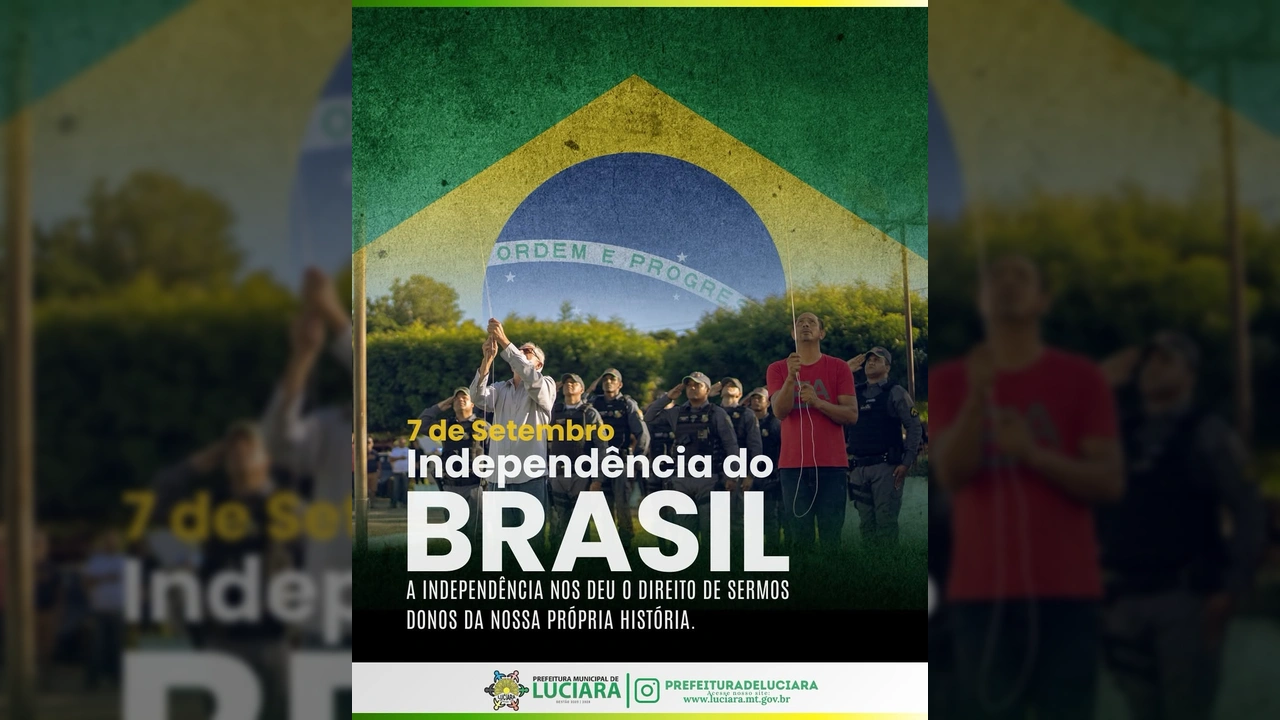 Homem erguendo a bandeira do Brasil com a ajuda de outro, enquanto pessoas uniformizadas saúdam em Luciara, Mato Grosso, no 7 de Setembro. Crédito: Prefeitura Municipal de Luciara / Instagram.