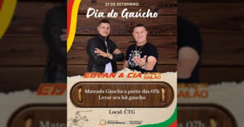 Imagem de divulgação do Dia do Gaúcho em Nova Ubiratã com os músicos Edvan e seu parceiro, fundo de madeira e bandeira do Rio Grande do Sul. Créditos para Prefeitura Municipal de Nova Ubiratã / Instagram