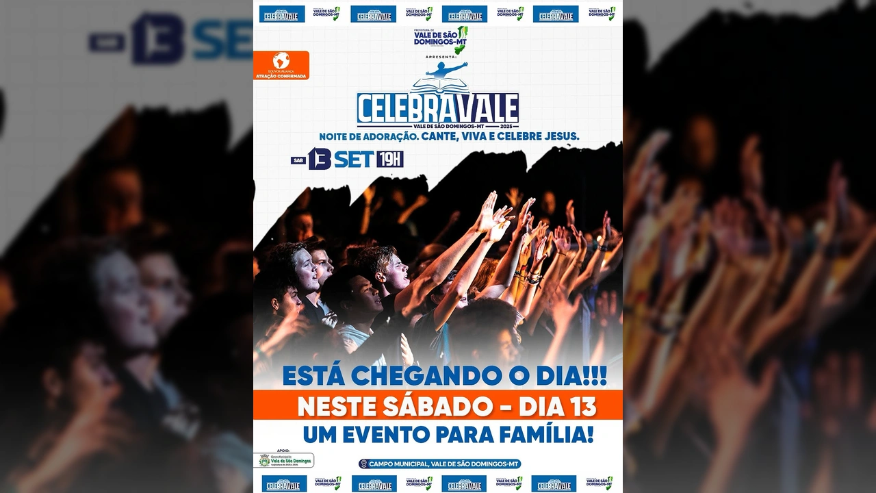 Pessoas levantando as mãos em adoração durante o CelebraVale 2025 em Vale de São Domingos. Imagem via pref.valedesaodomingos.