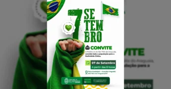 Bandeira do Brasil e o número 7 em verde com a palavra SETEMBRO, simbolizando o Dia da Independência. Créditos: Prefeitura de São Félix do Araguaia / Instagram.