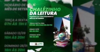 Chalé da Leitura em Juína com livros e globo terrestre, divulgado por @culturajna.
