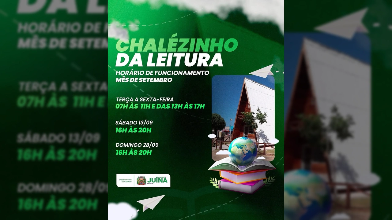 Chalé da Leitura em Juína com livros e globo terrestre, divulgado por @culturajna.