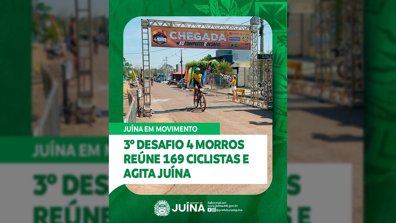 Imagem de um ciclista cruzando a linha de chegada do 3º Desafio 4 Morros em Juína, com bandeira quadriculada. Crédito: Prefeitura de Juína / Instagram