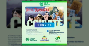 Imagem de convite para o Cine Senar em Itanhangá, apresentando os personagens de Hotel Transilvânia e detalhes do evento gratuito na praça. Créditos: Prefeitura de Itanhangá / Instagram