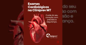 Ilustração de um coração humano em destaque com texto sobre exames cardiológicos na Cliniprev MT. Créditos: Cliniprev MT no Instagram.