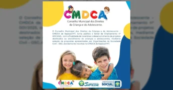 Imagem ilustrativa com crianças felizes e o logo do CMDCA, relacionada ao edital de Sapezal. Créditos: Prefeitura de Sapezal / Instagram.