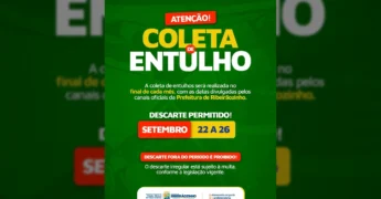 Cartaz informativo sobre a coleta de entulhos em Ribeirãozinho pela Prefeitura de Ribeirãozinho (@prefeituraderbz)