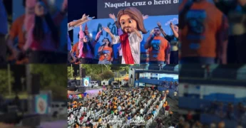 Mascote de Jesus com público infantil durante a Conferência Aviva Kids em Barra do Garças. Crédito: Prefeitura de Barra do Garças / Instagram.