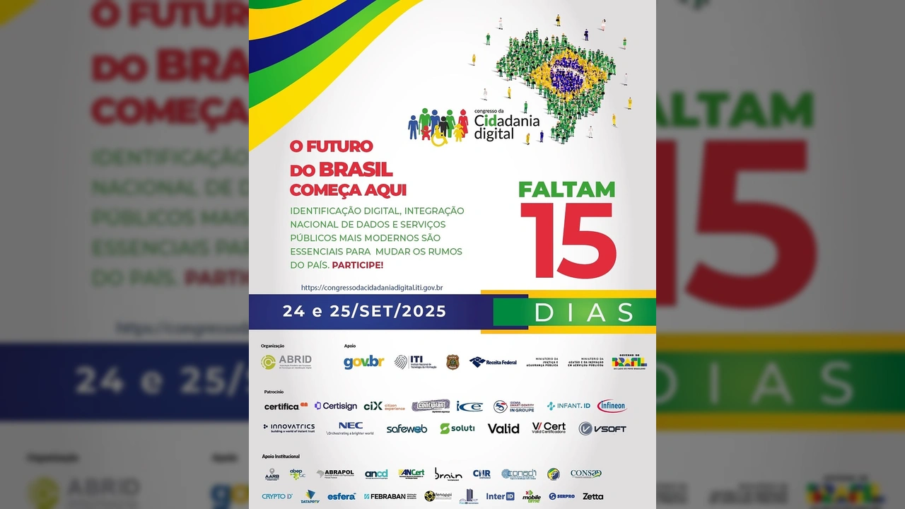 Banner do Congresso da Cidadania Digital 2025 com mapa do Brasil formado por pessoas, indicando faltam 15 dias, créditos Abrid / Instagram.